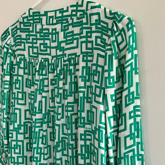 An Original Milly Of New York 100% Silk Blouse Green White Geometric 3/4 Sleeves - Picture 5 of 6